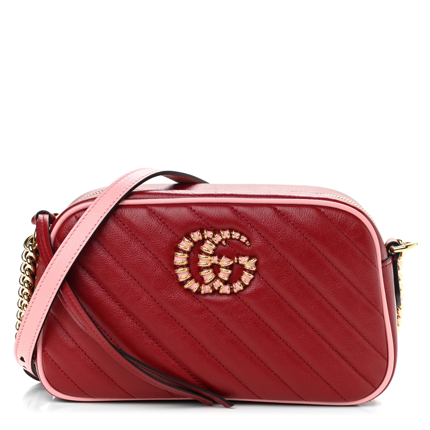 Gucci Azalea Calfskin Enamel Matelasse Diagonal Small Torchon GG Marmont Chain Shoulder Bag New Cherry Red Wild Rose 1 of 10
