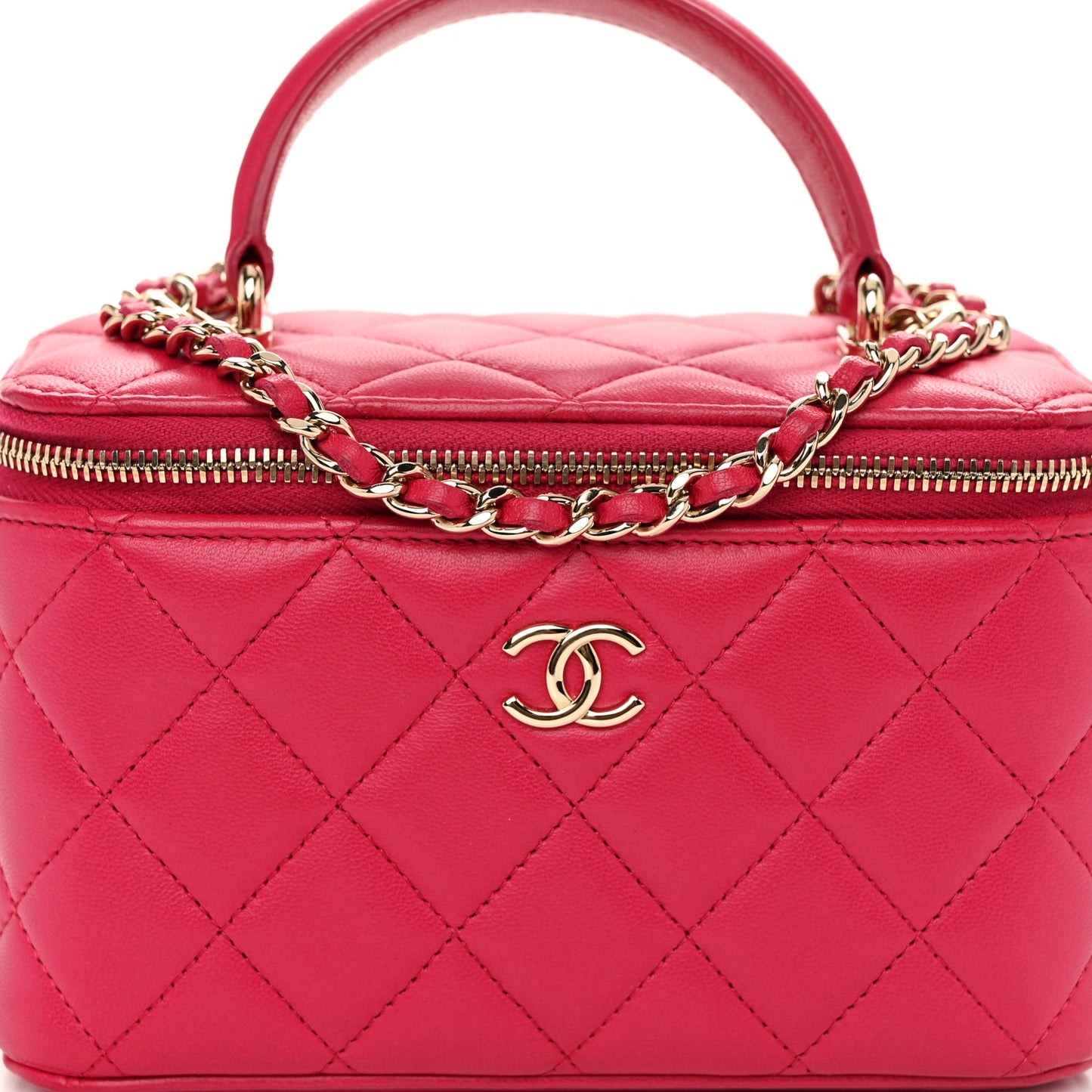 Lambskin Quilted Small Top Handle Vanity Case With Chain Dark Pink