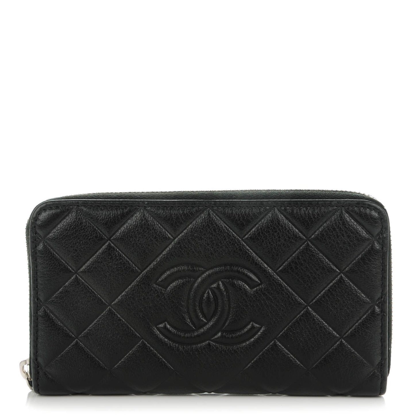 Calfskin Quilted Small Diamond CC Zip Around Wallet Black