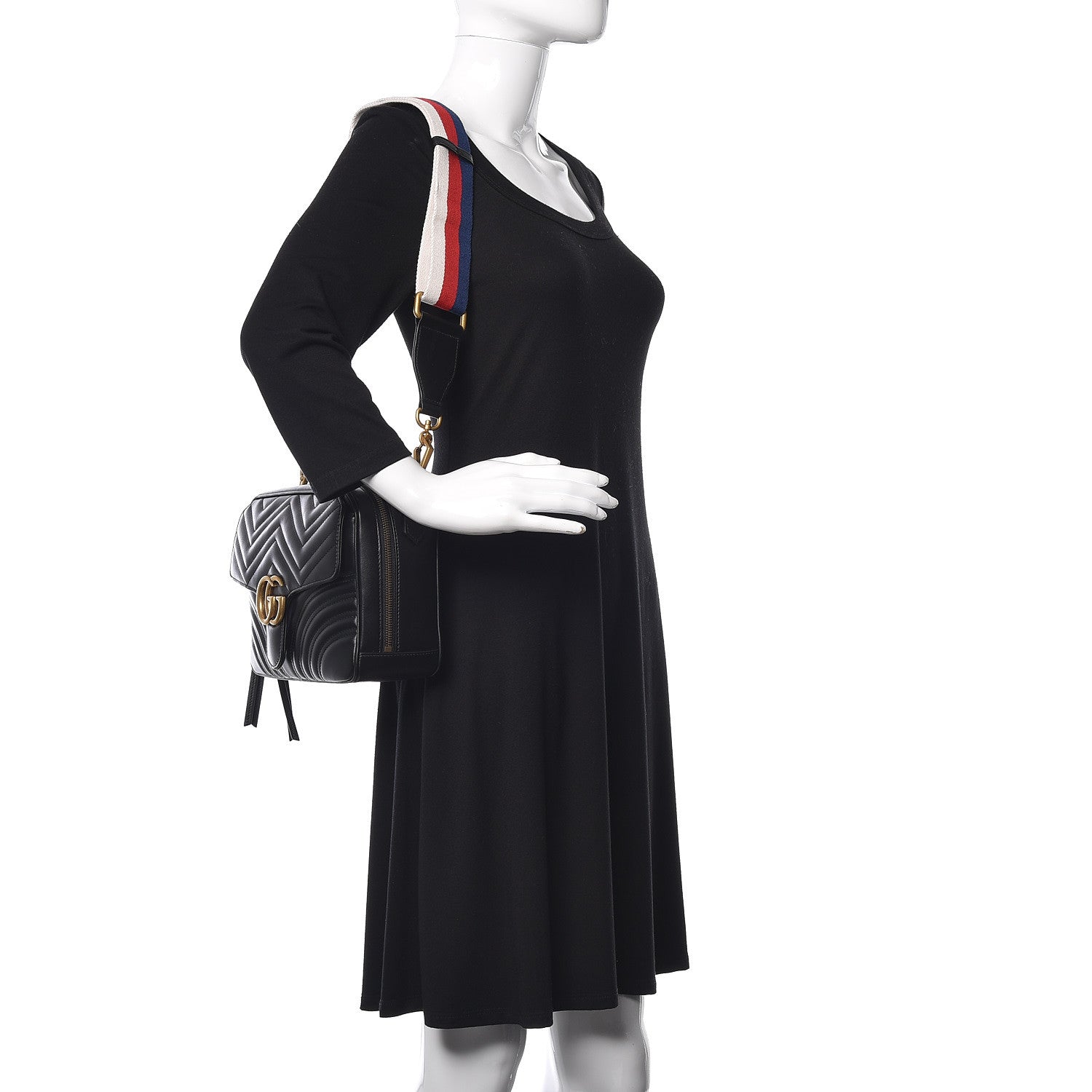 Gucci Calfskin Matelasse Sylvie Web Small GG Marmont Top Handle Shoulder Bag Black 2 of 10