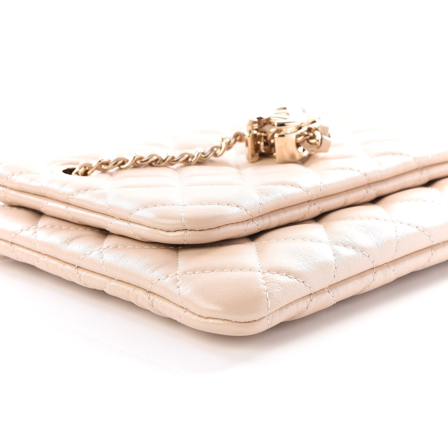 Shiny Lambskin Quilted Small Double Case With Strap Beige