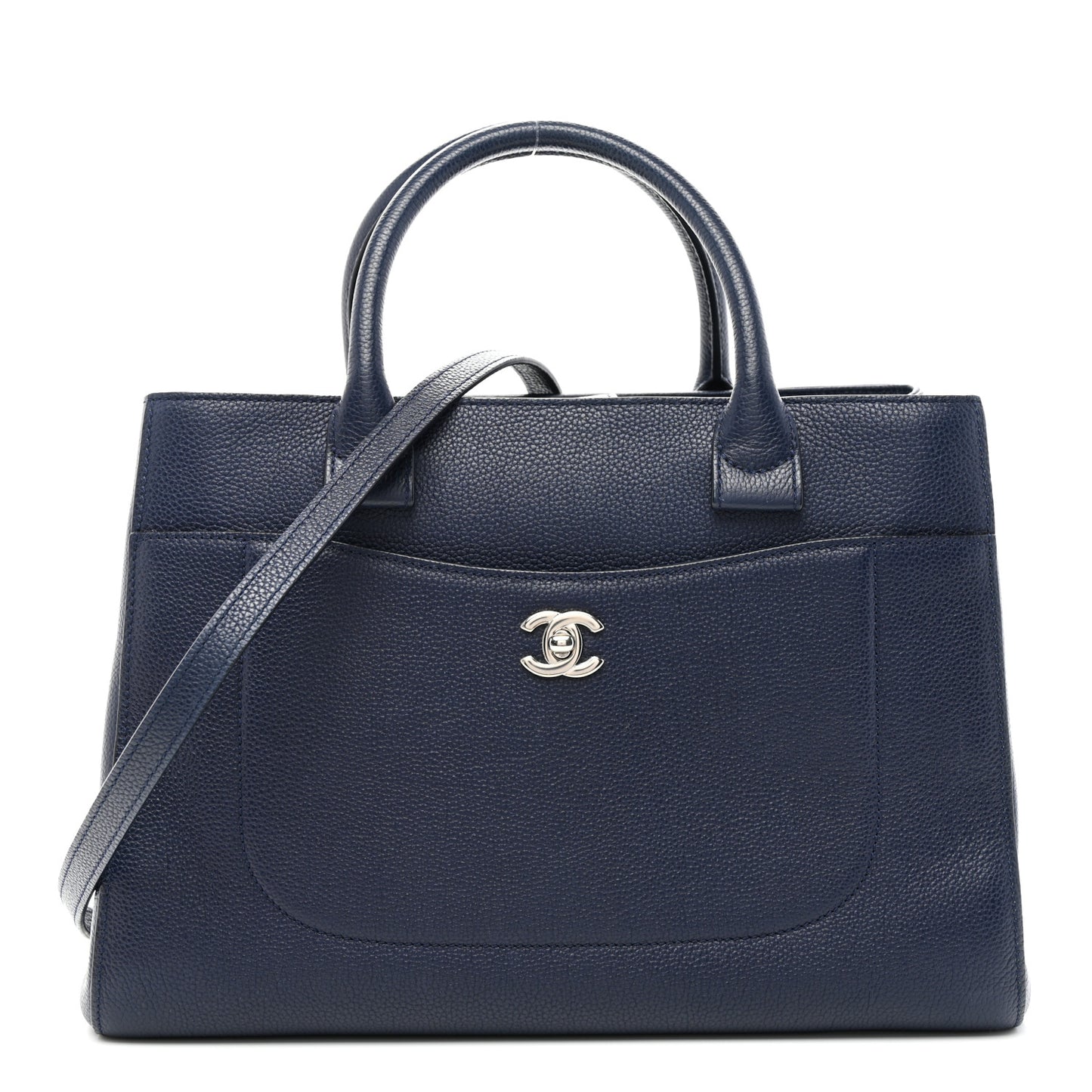 Grained Calfskin Small Neo Executive Shopper Tote Navy