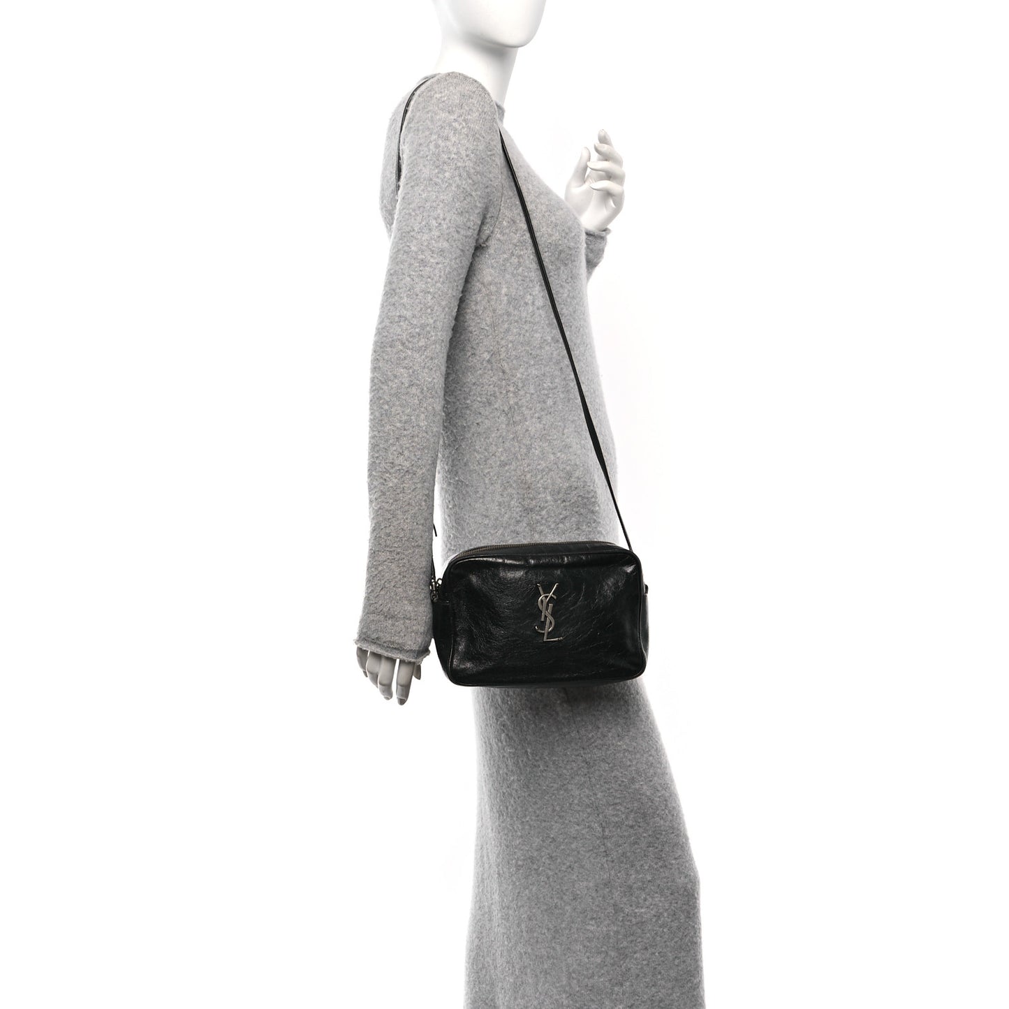 Cracked Shiny Calfskin Monogram Lou Camera Bag Black