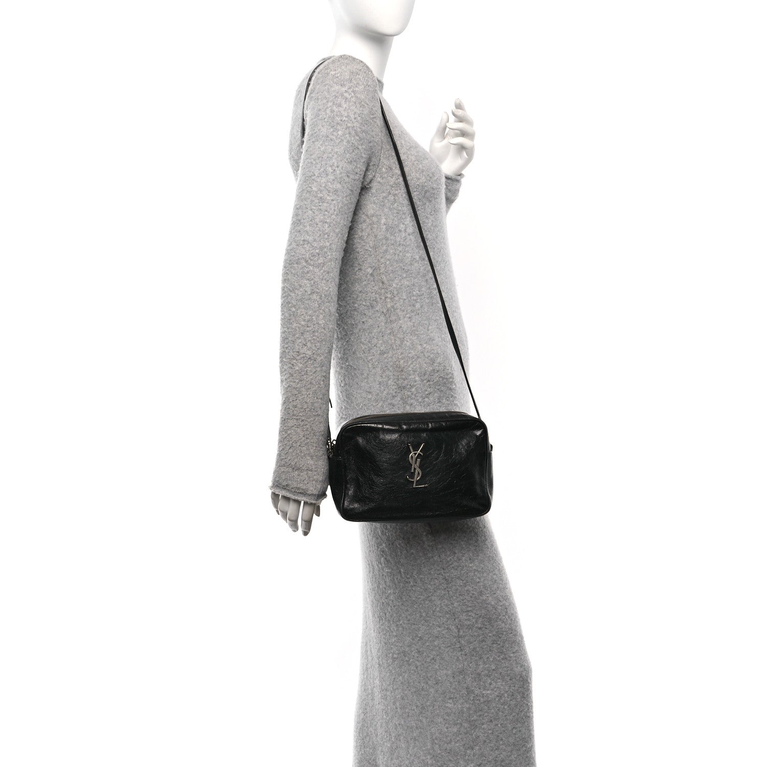 Saint Laurent Cracked Shiny Calfskin Monogram Lou Camera Bag Black 2 of 10