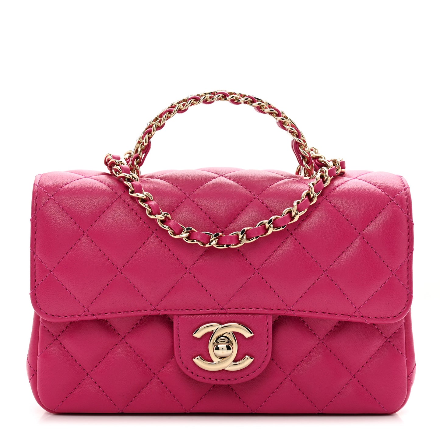 Lambskin Quilted Mini Crystal Top Handle Rectangular Flap Dark Pink
