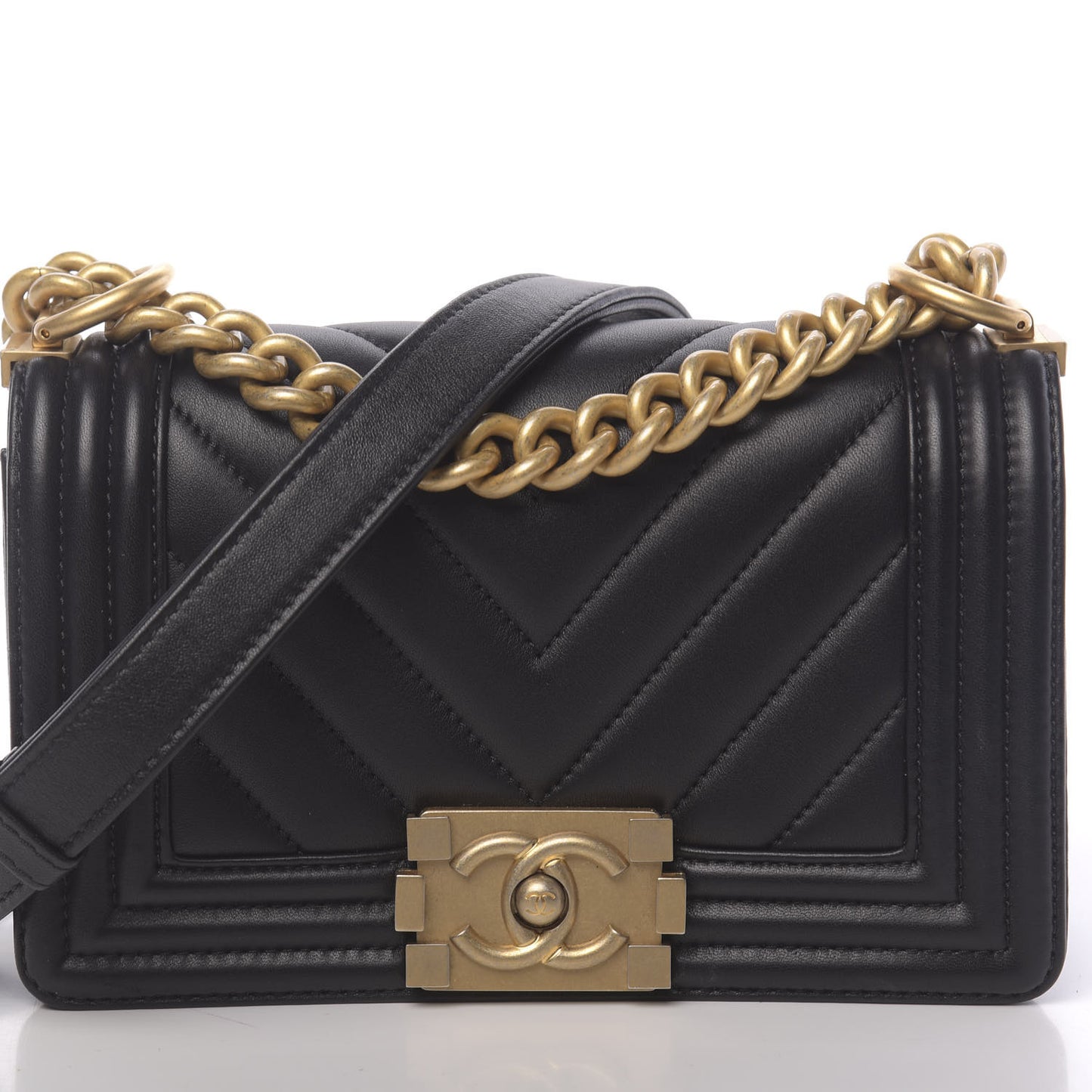 Lambskin Chevron Quilted Small Boy Flap Black