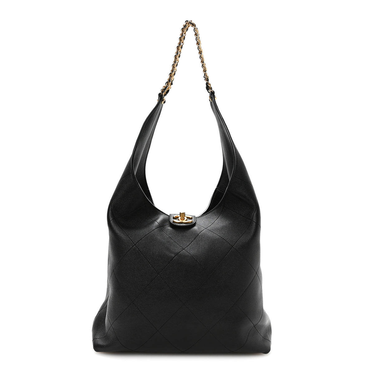 Shiny Lambskin Quilted Large Hobo Black