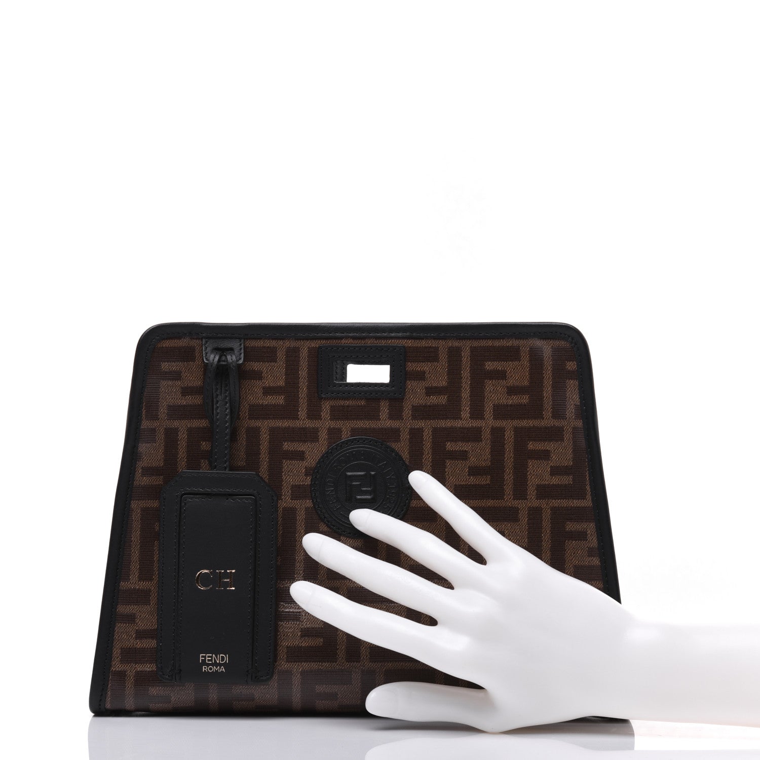 Fendi Glazed Fabric Vitello Century FF 1974 Stamp Patch Mini Peekaboo Defender Cover Mogano Panna Black 2 of 15