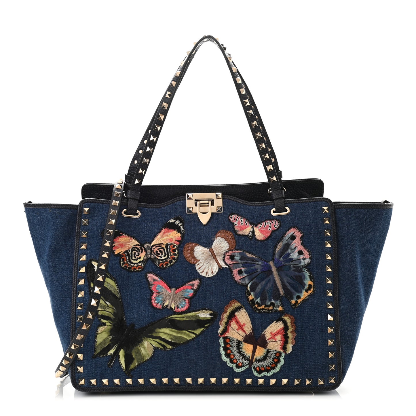 Denim Butterfly Embroidered Medium Rockstud Tote Light Denim Multicolor