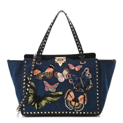 Valentino Garavani Denim Butterfly Embroidered Medium Rockstud Tote Light Denim Multicolor 1 of 10