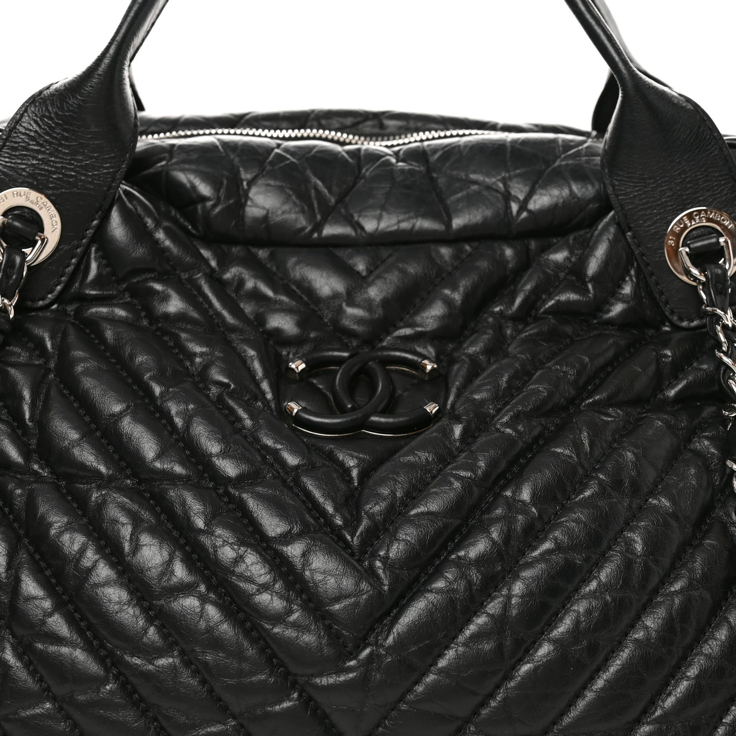 Aged Calfskin Chevron Large Soft Bowling Bag Black