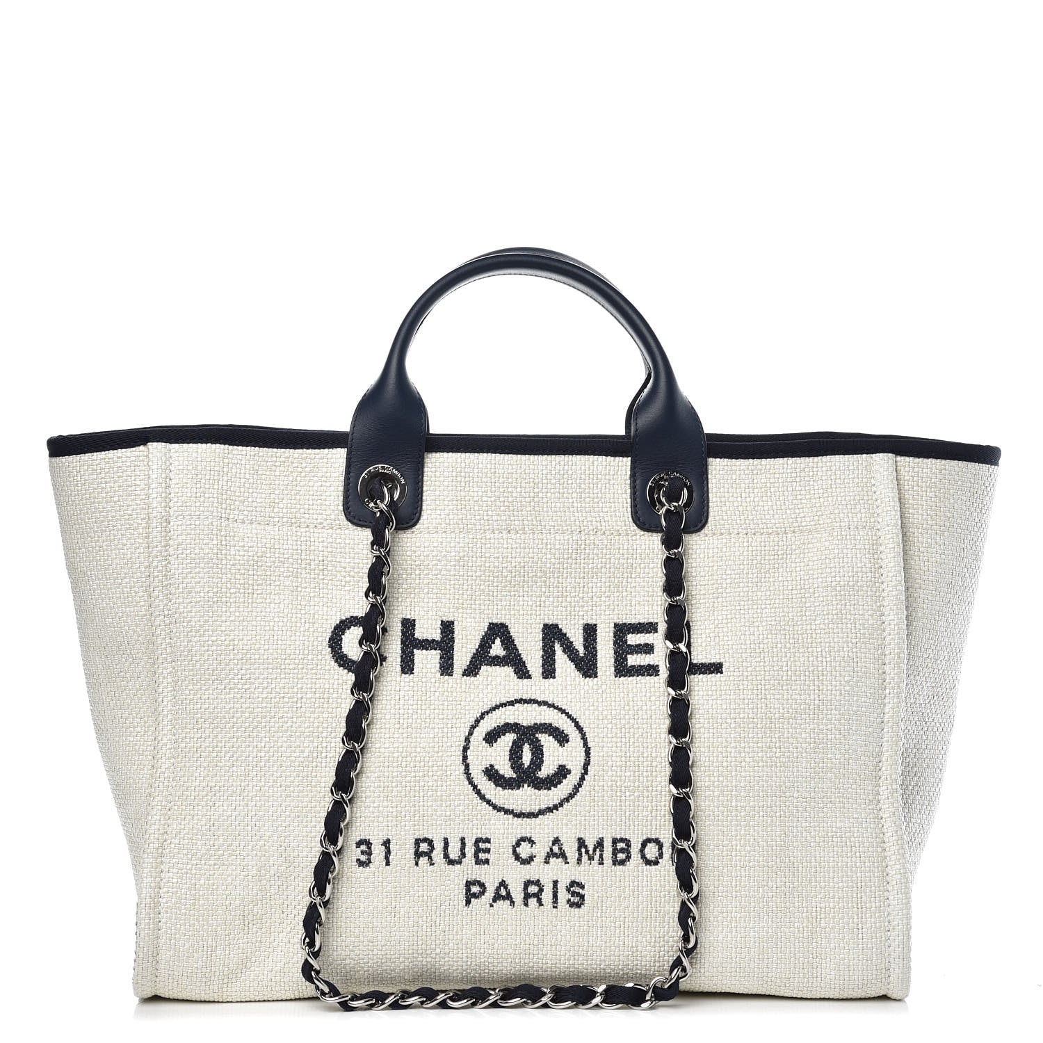 Chanel Woven Straw Raffia Large Deauville Tote White Navy 1 of 9