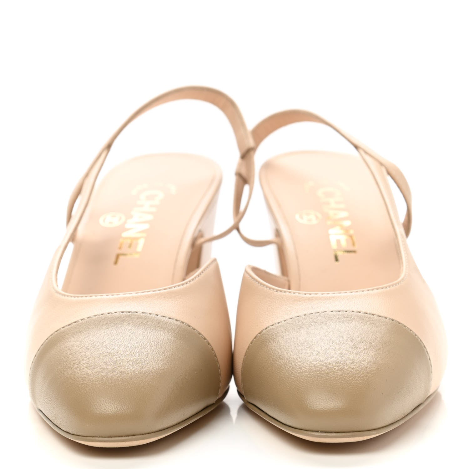 Chanel Lambskin Cap Toe CC Slingback Pump 37.5 Beige Dark Beige 2 of 9