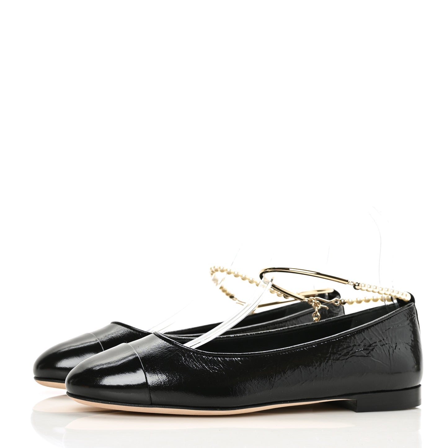 Lambskin Patent Calfskin Cap Toe Ankle Chain Ballerina Flats 38 Black