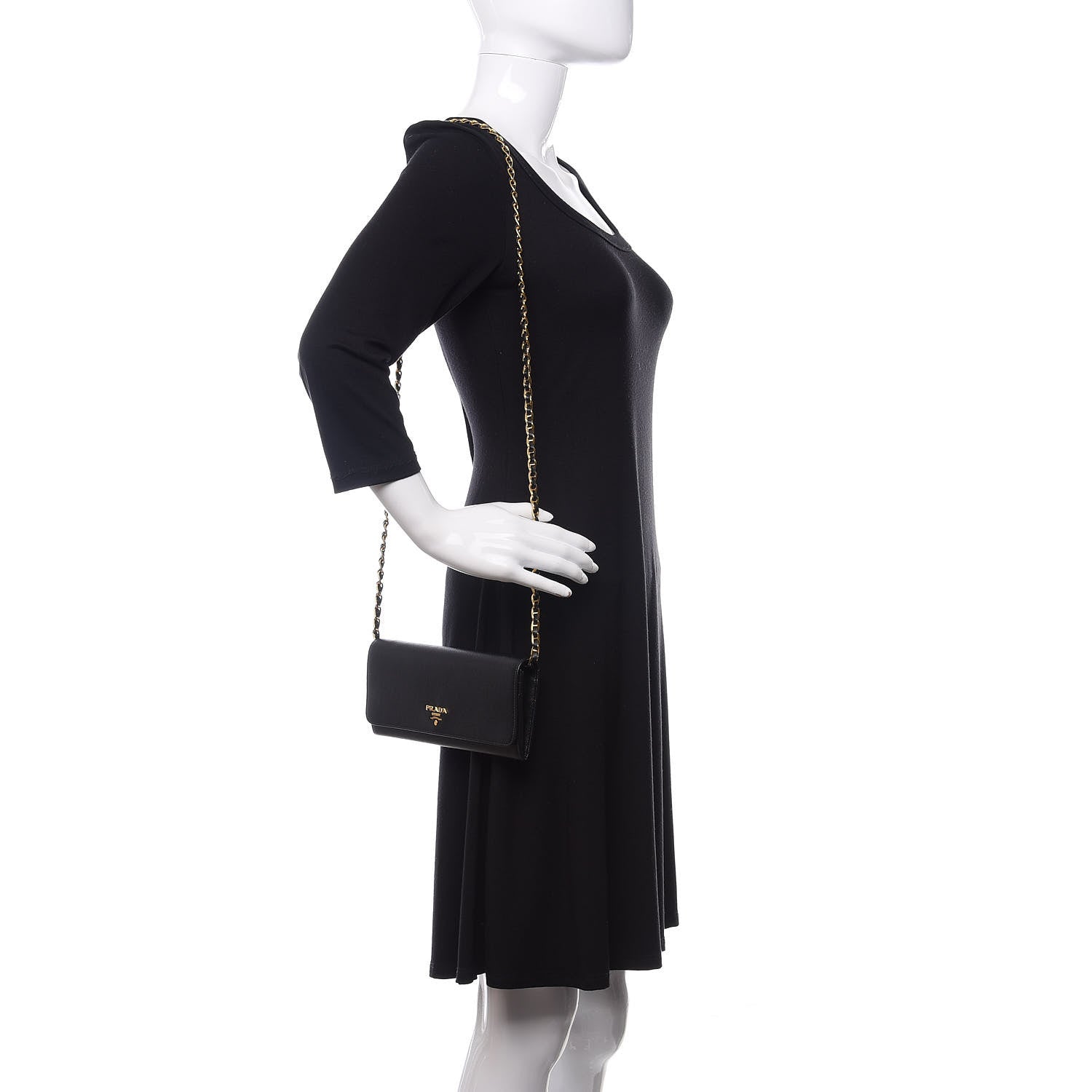 Prada Saffiano Metal Oro Chain Wallet Black 2 of 8