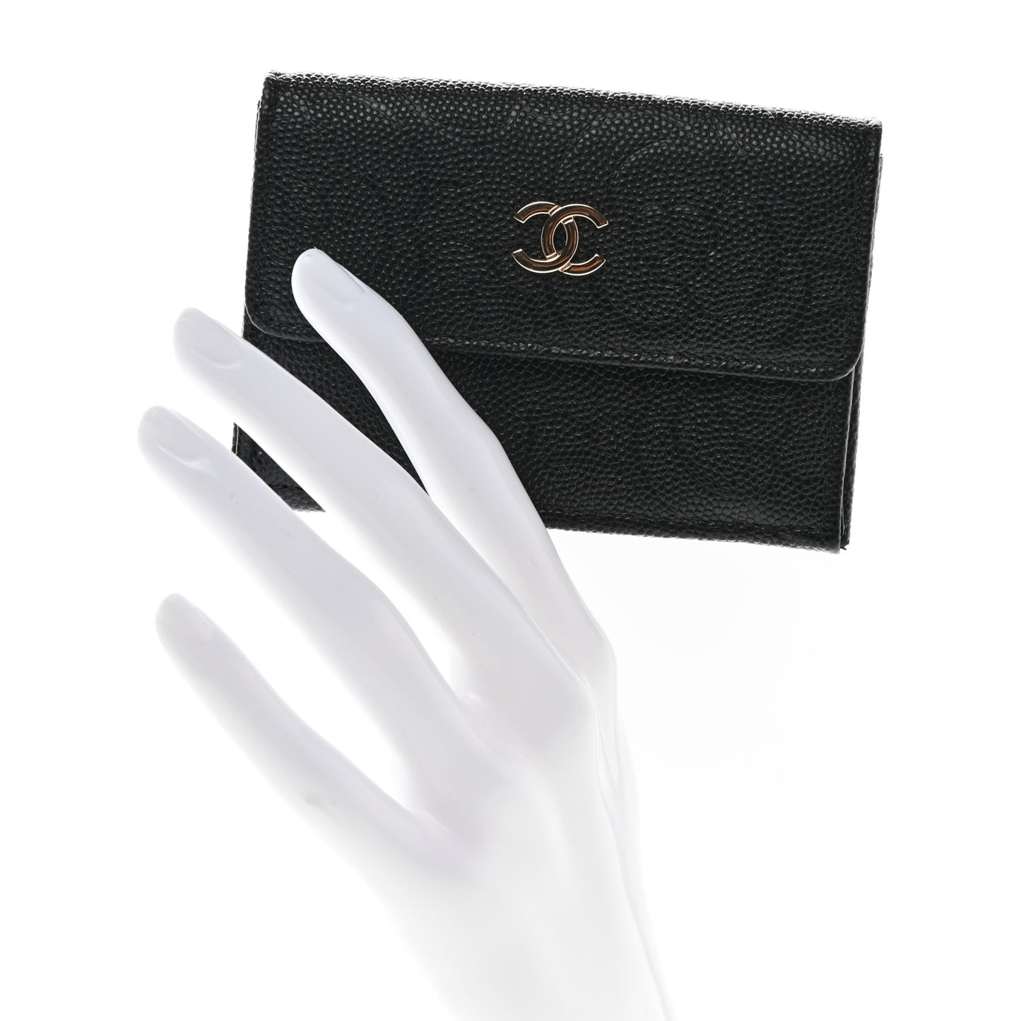 Caviar Camellia Embossed Compact Wallet Black