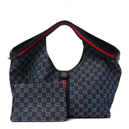 Gucci Denim GG Monogram Web Large Giglio Tote Blue 3 of 10