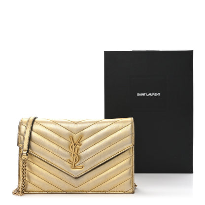 Saint Laurent Metallic Calfskin Matelasse Chevron Monogram Envelope Chain Wallet Antic Gold 14 of 14