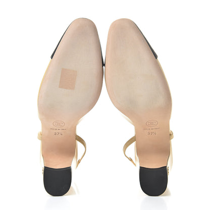 Chanel Goatskin Grosgrain Cap Toe CC Slingback Pumps 37.5 Beige Black 5 of 9