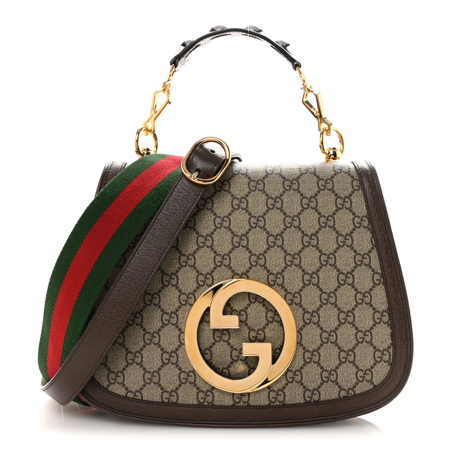 Gucci GG Supreme Monogram Textured Dollar Calfskin Web Medium Blondie Top Handle Shoulder Flap Bag Beige Ebony New Acero 1 of 9