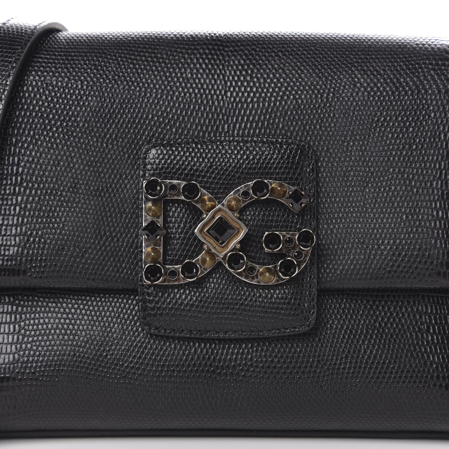 Stampa Iguana Calfskin Crystal Millennials Chain Shoulder Bag Black