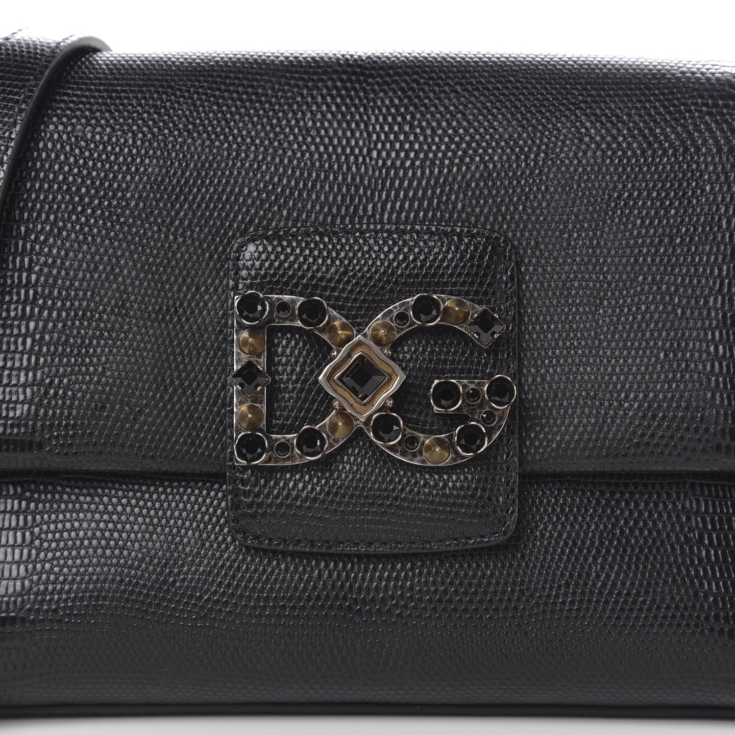 Dolce & Gabbana Stampa Iguana Calfskin Crystal Millennials Chain Shoulder Bag Black 9 of 9