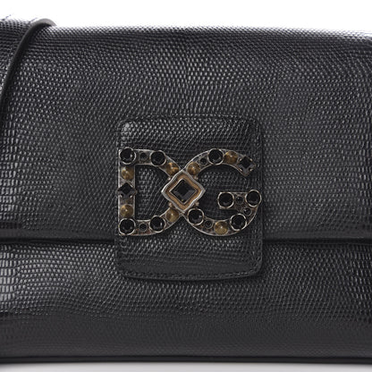 Dolce & Gabbana Stampa Iguana Calfskin Crystal Millennials Chain Shoulder Bag Black 9 of 9