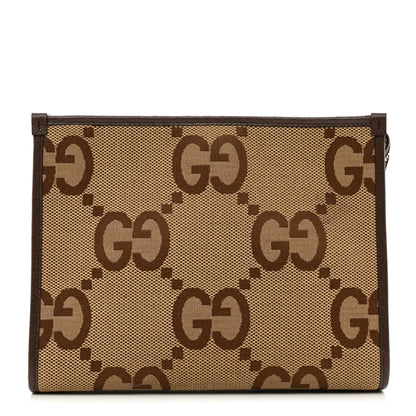 Gucci Monogram Jumbo GG Textured Dollar Calfskin Pouch Camel Ebony New Acero 1 of 6
