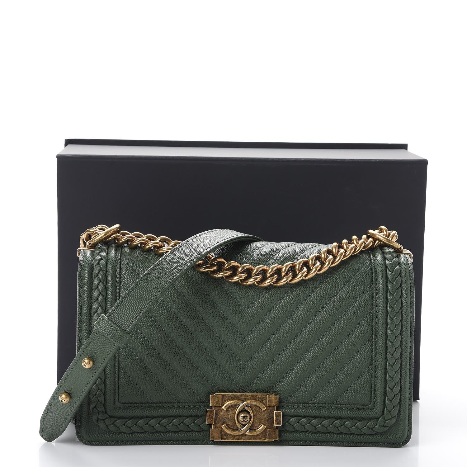 Chanel Caviar Chevron Quilted Braided Medium Boy Flap Dark Green 8 of 8