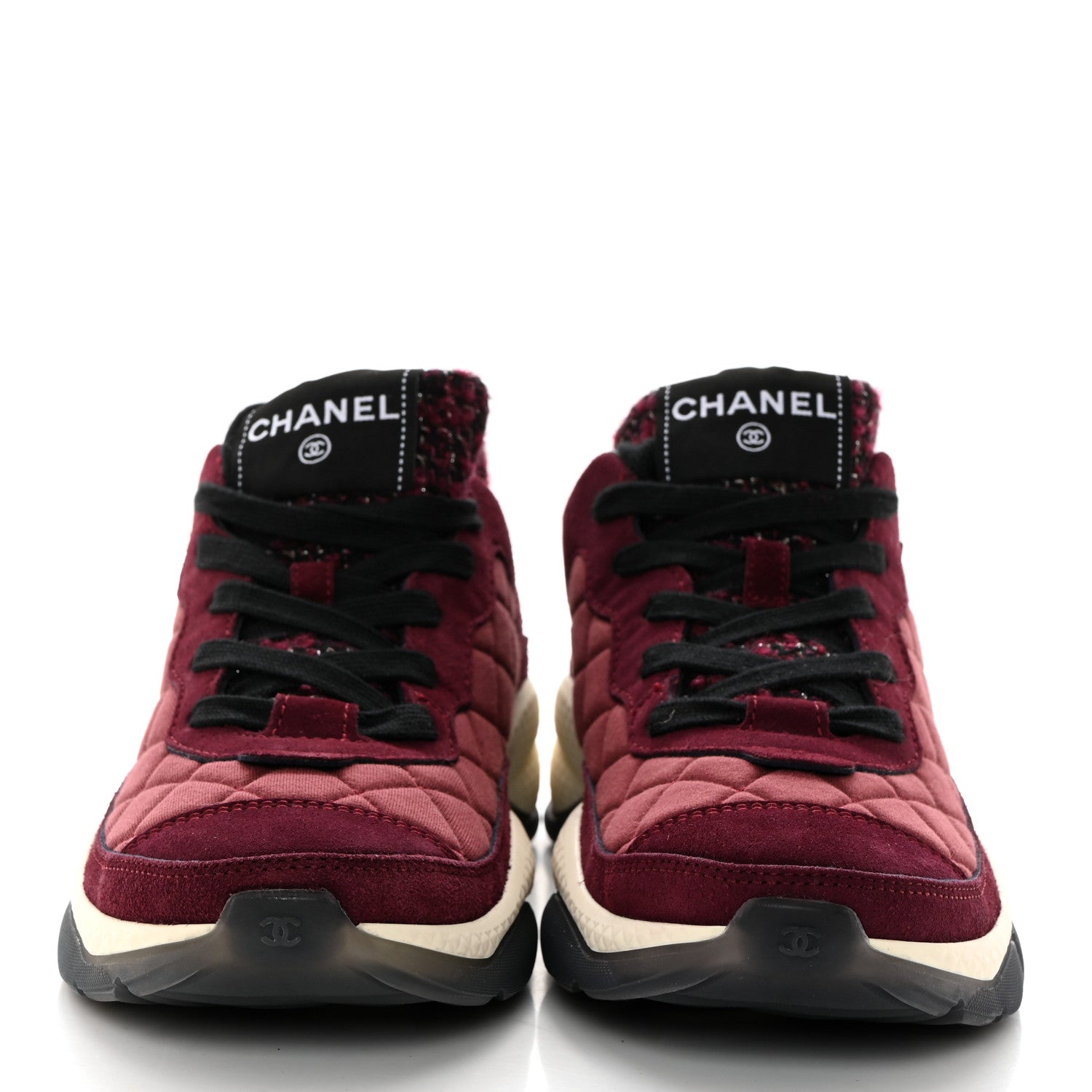 Chanel Tweed Suede Calfskin Grained Calfskin Womens CC Sneakers 37 Burgundy Black Silver 2 of 9