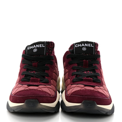 Chanel Tweed Suede Calfskin Grained Calfskin Womens CC Sneakers 37 Burgundy Black Silver 2 of 9