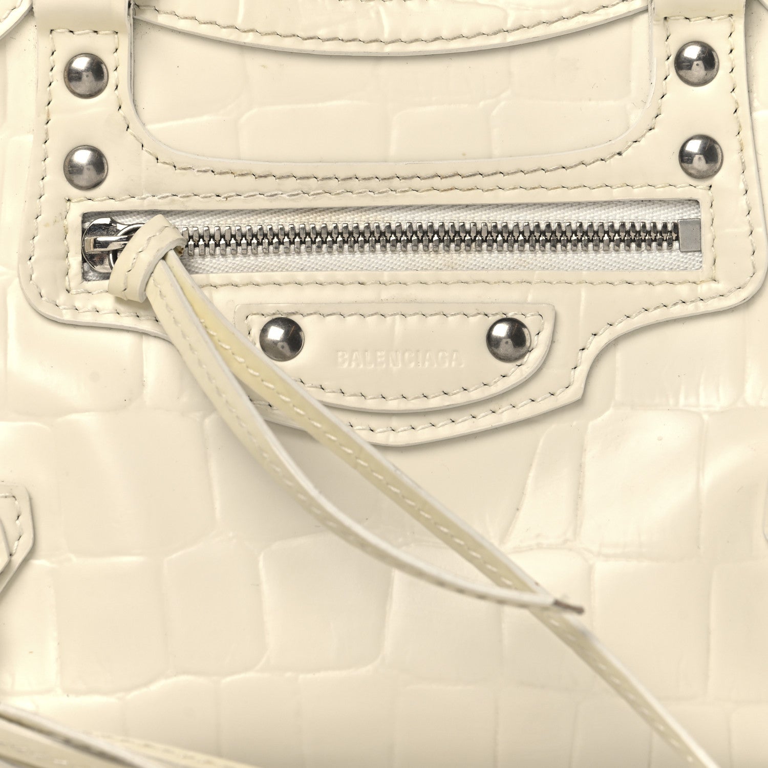 Balenciaga Semi Shiny Calfskin Crocodile Embossed Neo Classic Silver Hardware Mini City White 8 of 17