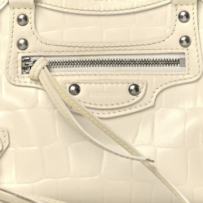Balenciaga Semi Shiny Calfskin Crocodile Embossed Neo Classic Silver Hardware Mini City White 8 of 17