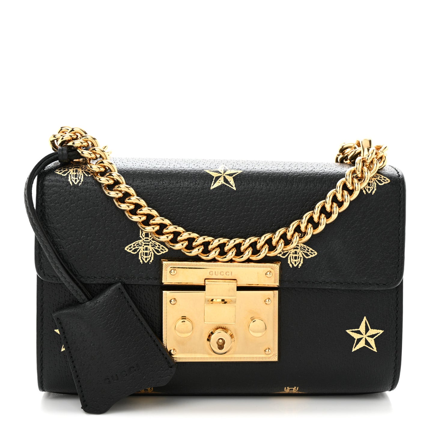 Grained Calfskin Bee Star Small Padlock Shoulder Bag Black