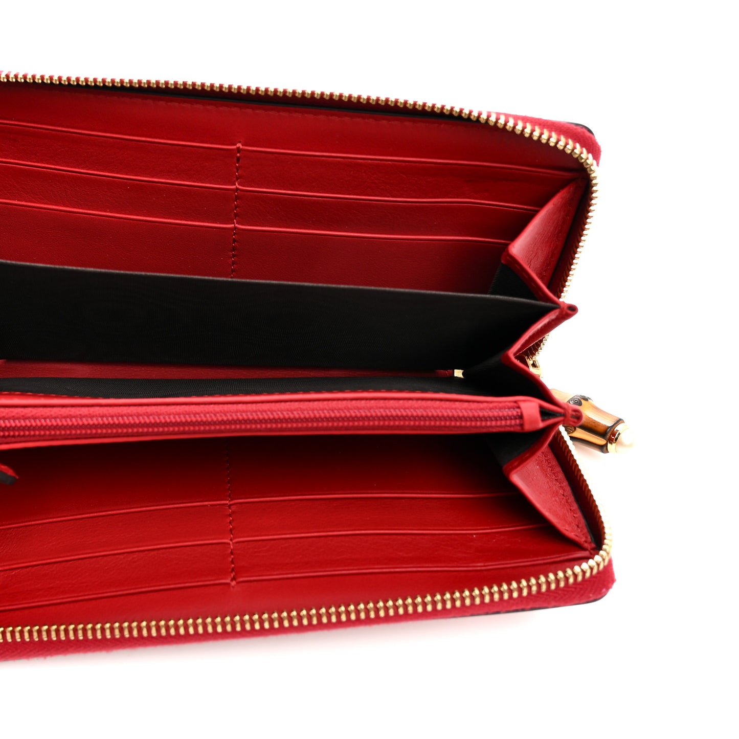 Calfskin Bamboo Round Zip Long Wallet Red