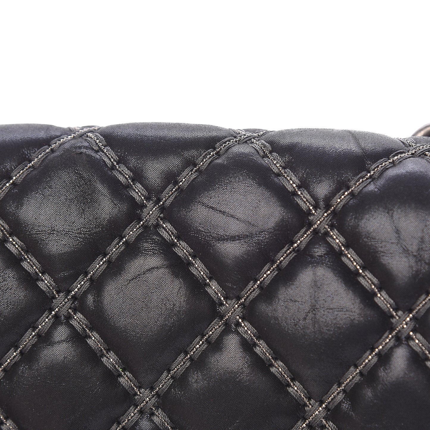 Iridescent Calfskin Embellished Double Stitch Medium Boy Flap Black