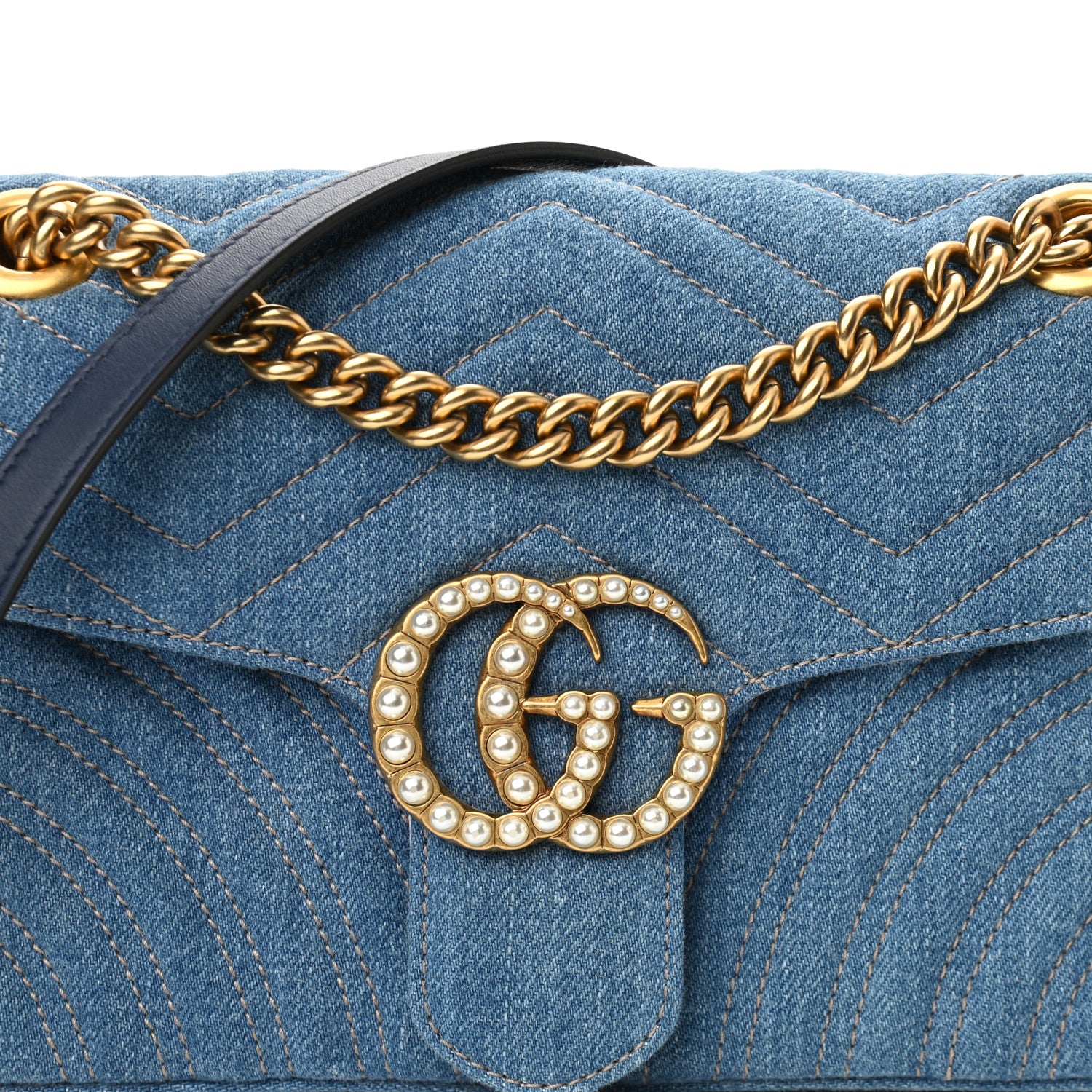 Gucci Denim Matelasse Small Pearly GG Marmont Shoulder Bag Blue 8 of 10