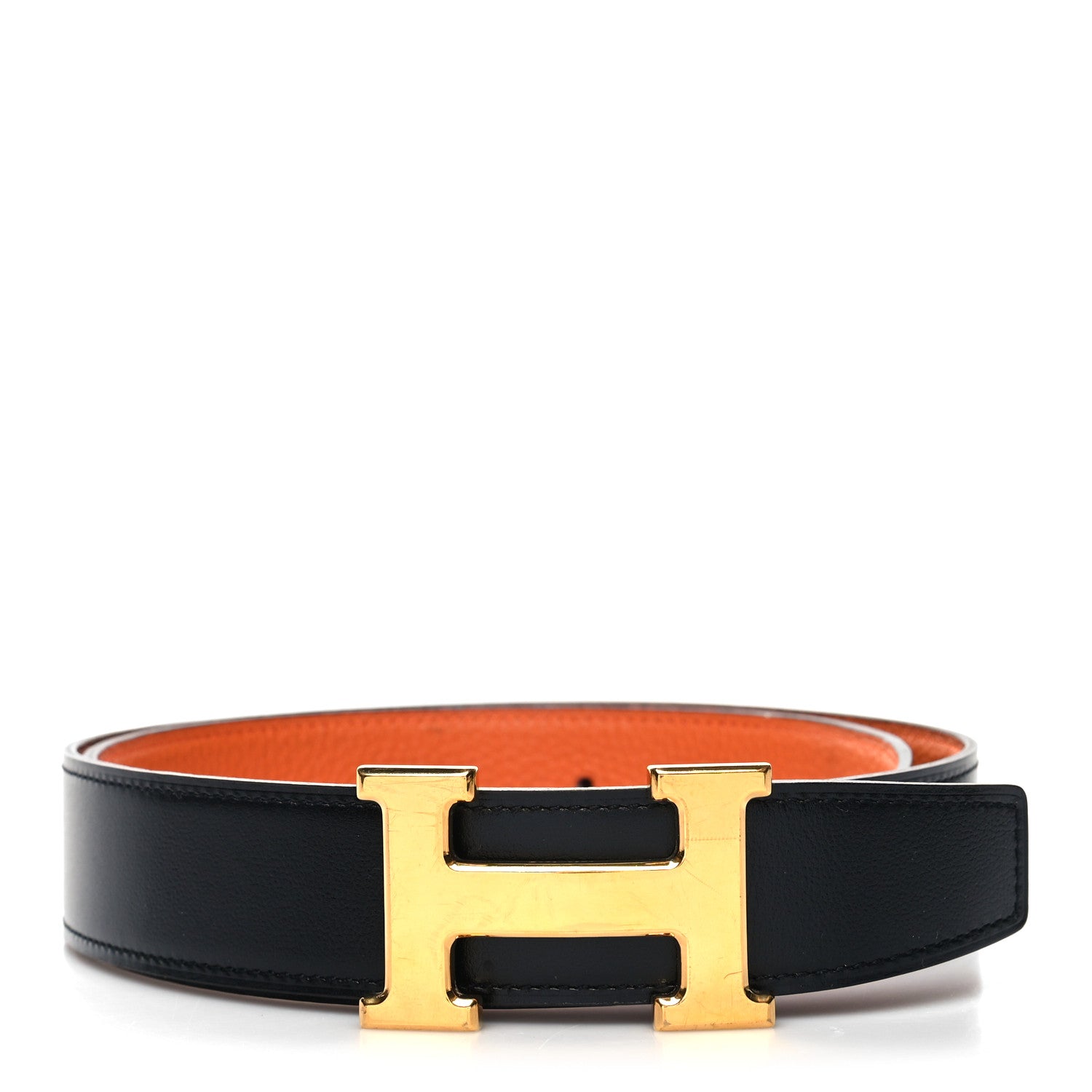 Hermes Box Togo 32mm H Belt 80 32 Black Orange 1 of 7
