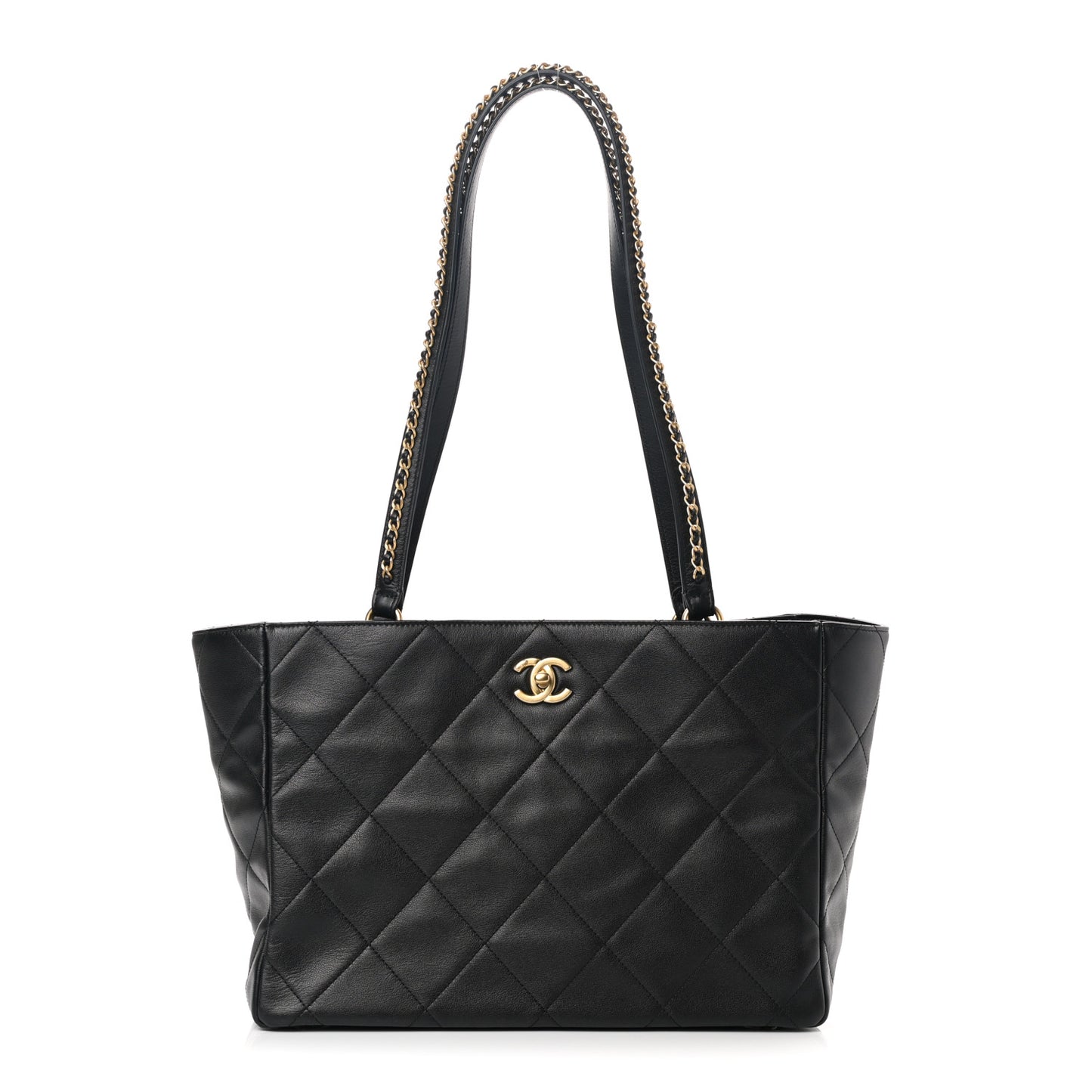 Calfskin Quilted Chain Shopping Tote Black