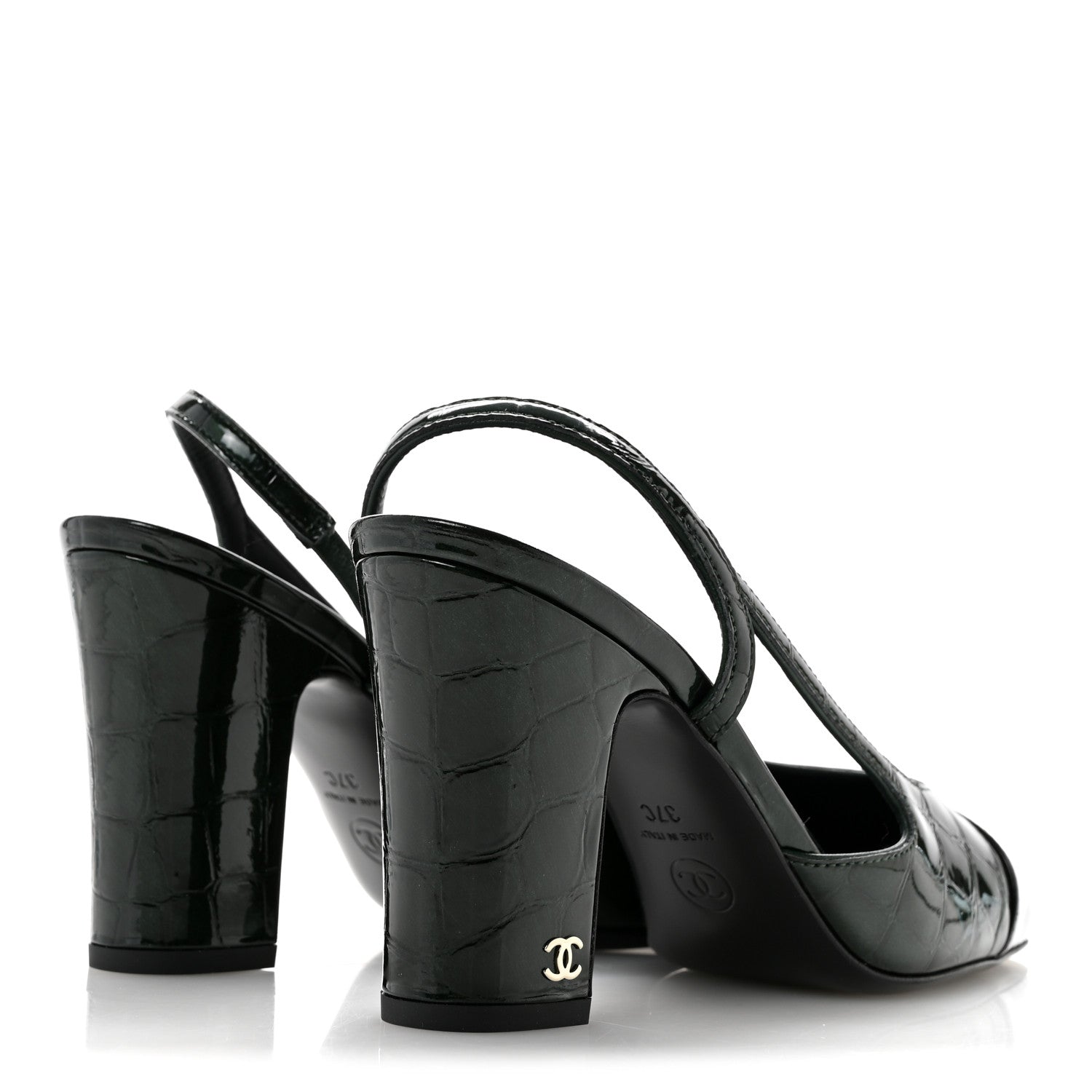 Chanel Patent Calfskin Crocodile Embossed Cap Toe CC Slingback Pumps 37 Dark Green Black 5 of 10