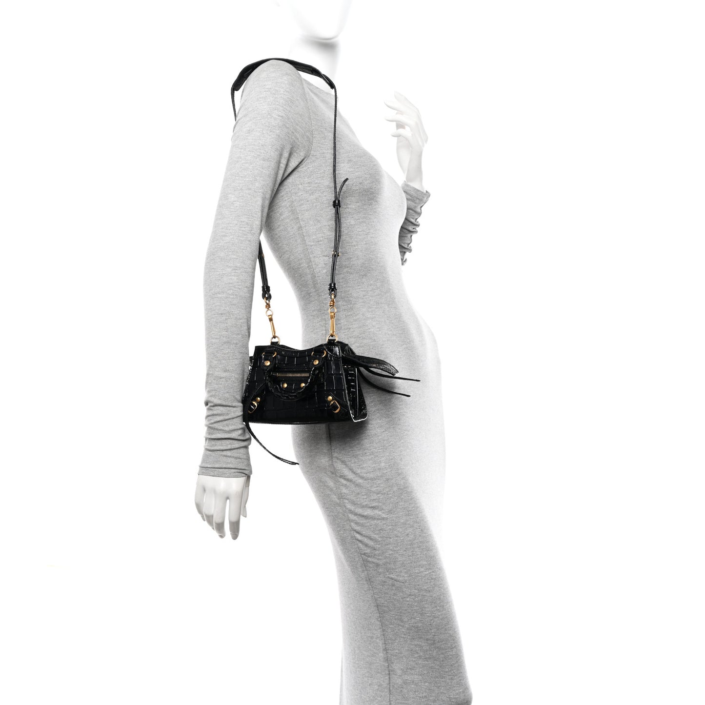 Shiny Supple Calfskin Crocodile Embossed Neo Classic Gold Hardware Nano City Crossbody Black