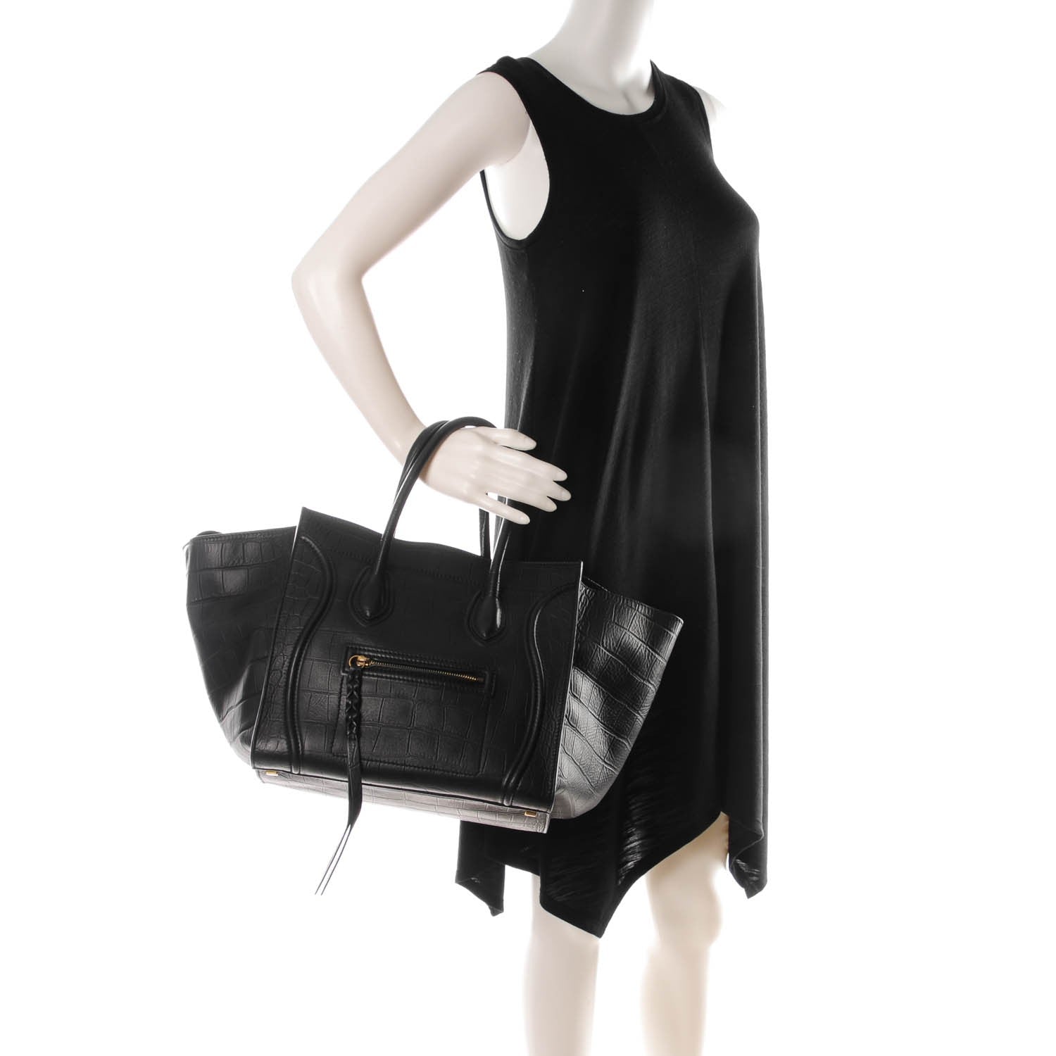 Celine Crocodile Embossed Calfskin Medium Phantom Luggage Black 2 of 8