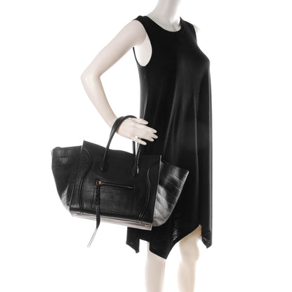Celine Crocodile Embossed Calfskin Medium Phantom Luggage Black 2 of 8