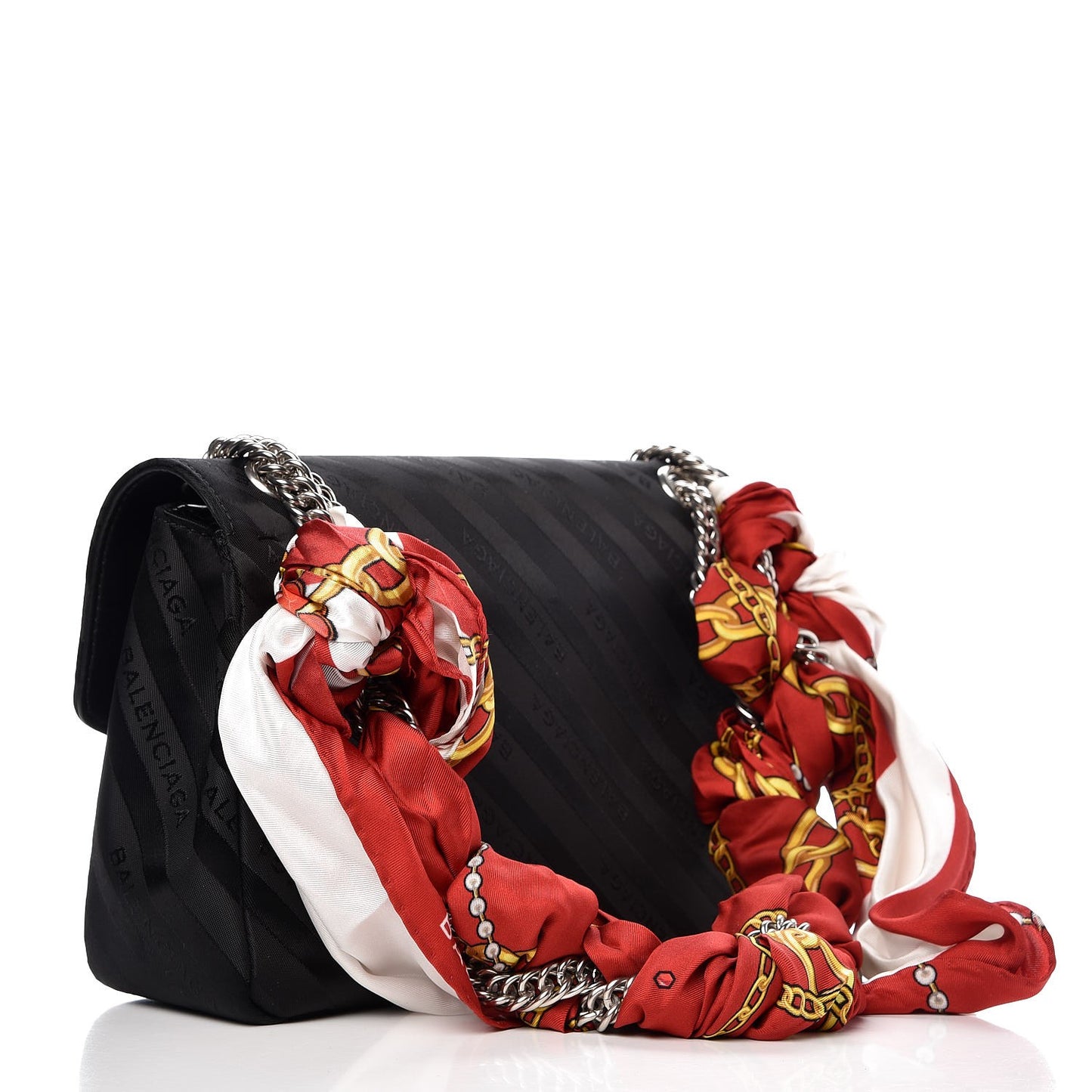 Nylon Jacquard Diagonal Logo Medium Scarf Lock Chain Shoulder Bag Black Red