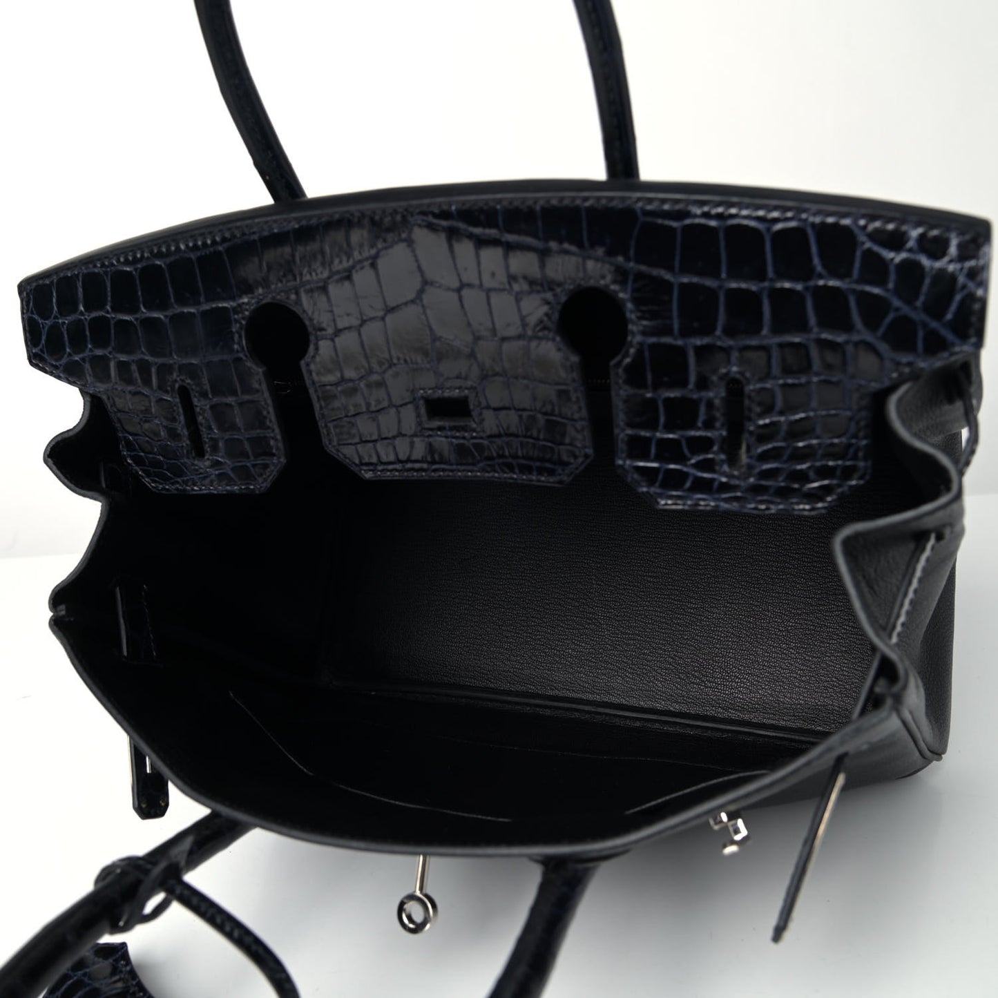 Taurillon Novillo Shiny Niloticus Crocodile Birkin Touch 30 Black Bleu Marine