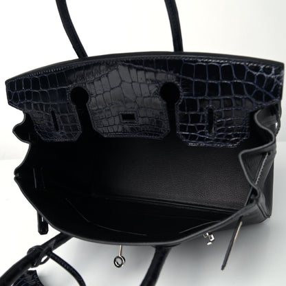 Hermes Taurillon Novillo Shiny Niloticus Crocodile Birkin Touch 30 Black Bleu Marine 4 of 9