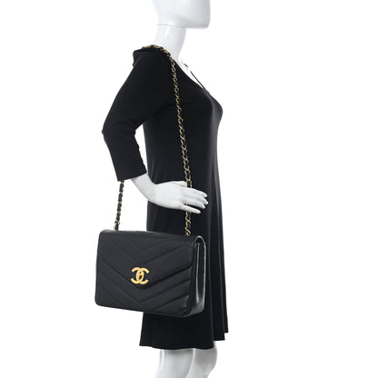 Chanel Caviar Chevron Quilted Jumbo Single Flap Black 2 of 11