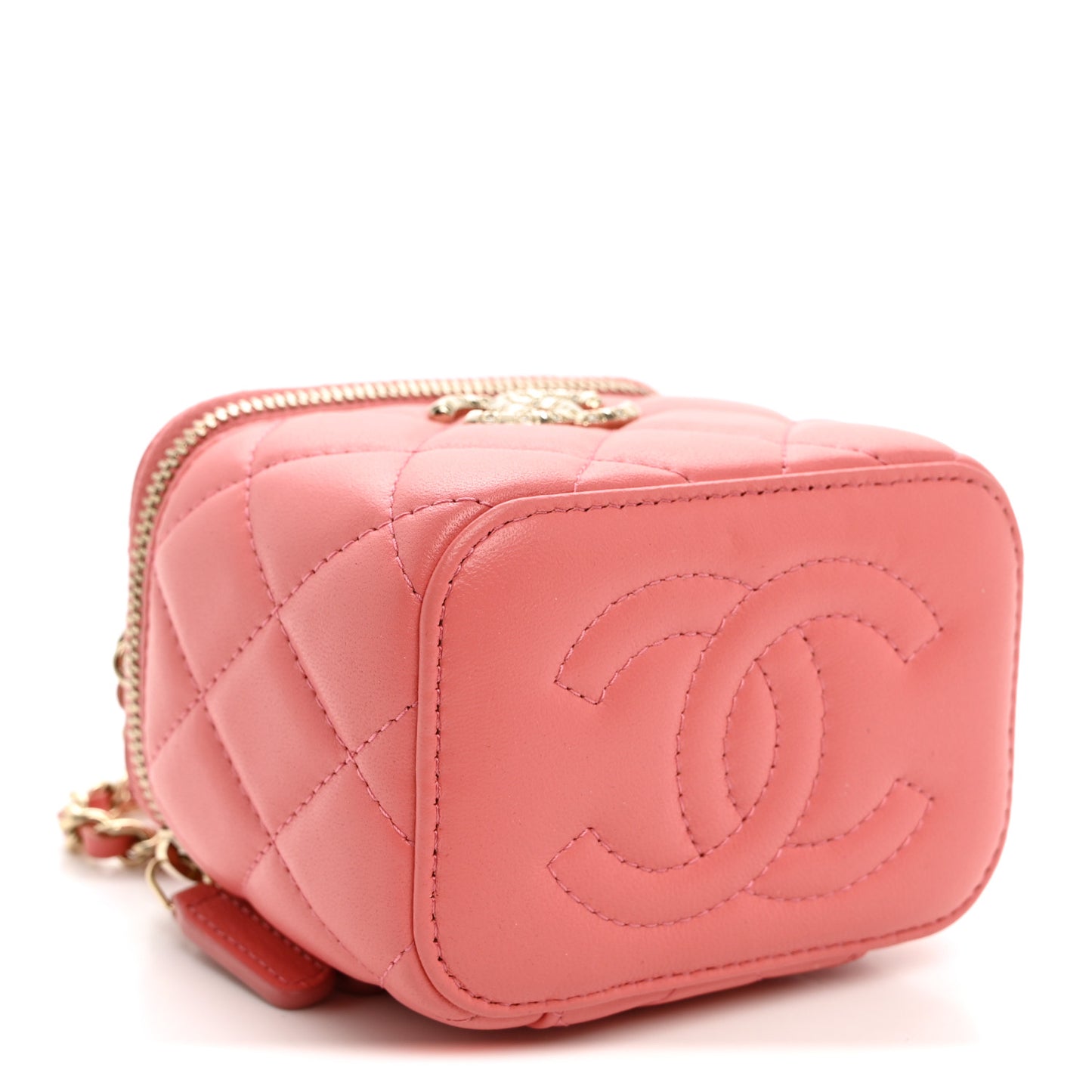 Lambskin Quilted Crystal Top Handle Mini Vanity Case With Chain Coral