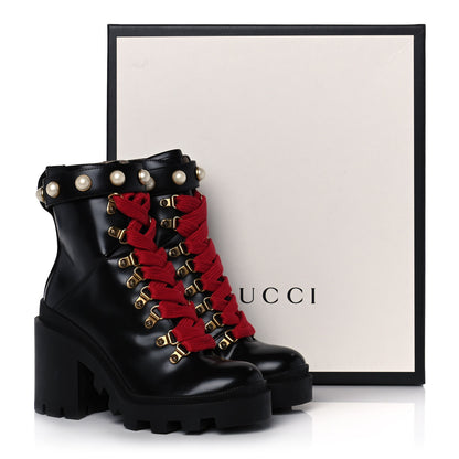 Gucci Magnum Calfskin Pearl Lace Up Combat Ankle Boots 35 Black 10 of 10