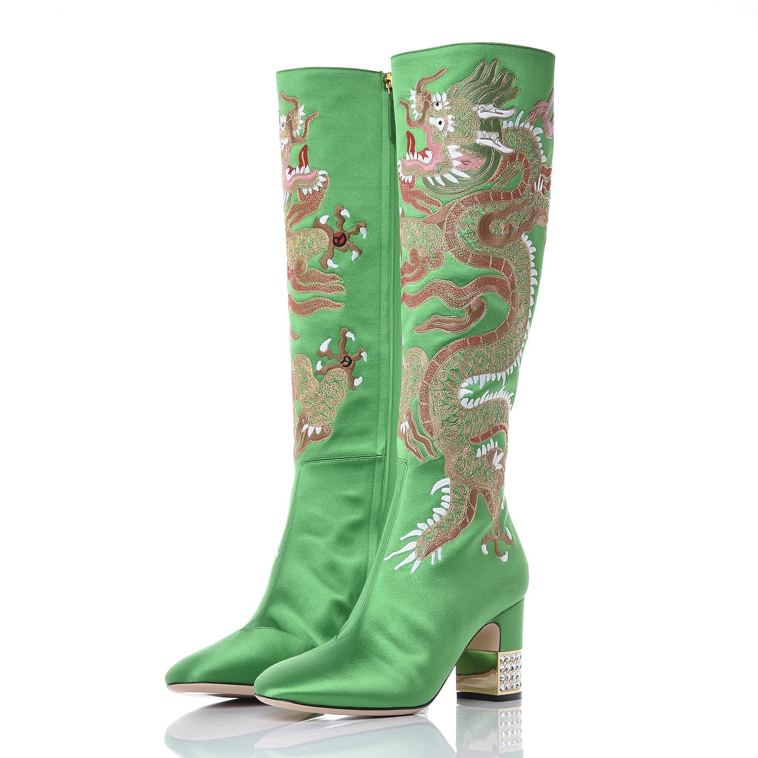 Gucci Silk Satin Malaga Kid Embroidered Candy Dragon Block-Heel Knee Boot 39 Palm 4 of 14